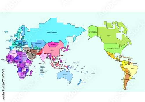 簡略化した世界地図　国別色分け　英字国名入り