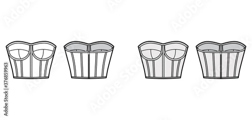 Corset-style bustier top technical fashion illustration with molded cups, close fit, back zip fastening, cropped length. Flat template front, back, white grey color. Women men unisex shirt CAD mockup