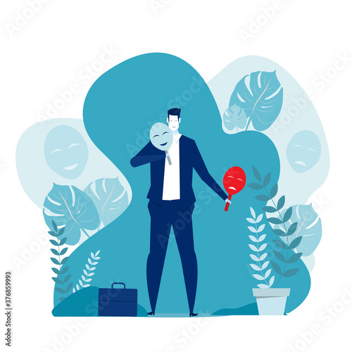 imposter syndrome, businessman trying on carnival masks with happy or sad expressions.