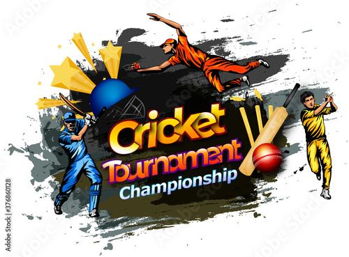 vector Illustration of cricket player ,Creative poster or banner design with background for Cricket Championship poster with illustration of batsman and bowler playing cricket championship 