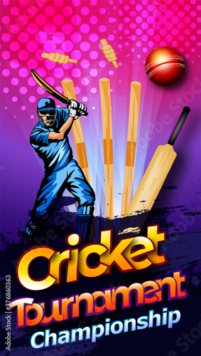 vector Illustration of cricket player ,Creative poster or banner design with background for Cricket Championship poster with illustration of batsman and bowler playing cricket championship 