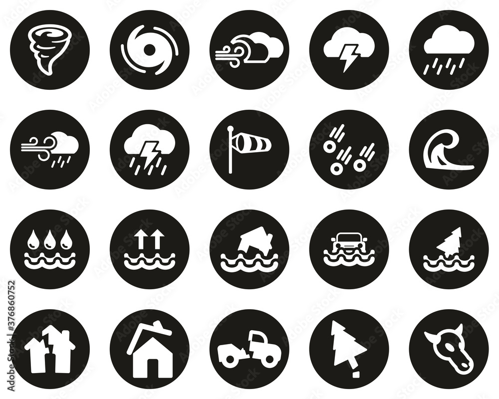 Tornado Or Hurricane Icons White On Black Flat Design Circle Set Big Tornado Or Hurricane Icons White On Black Flat Design Circle Set Big