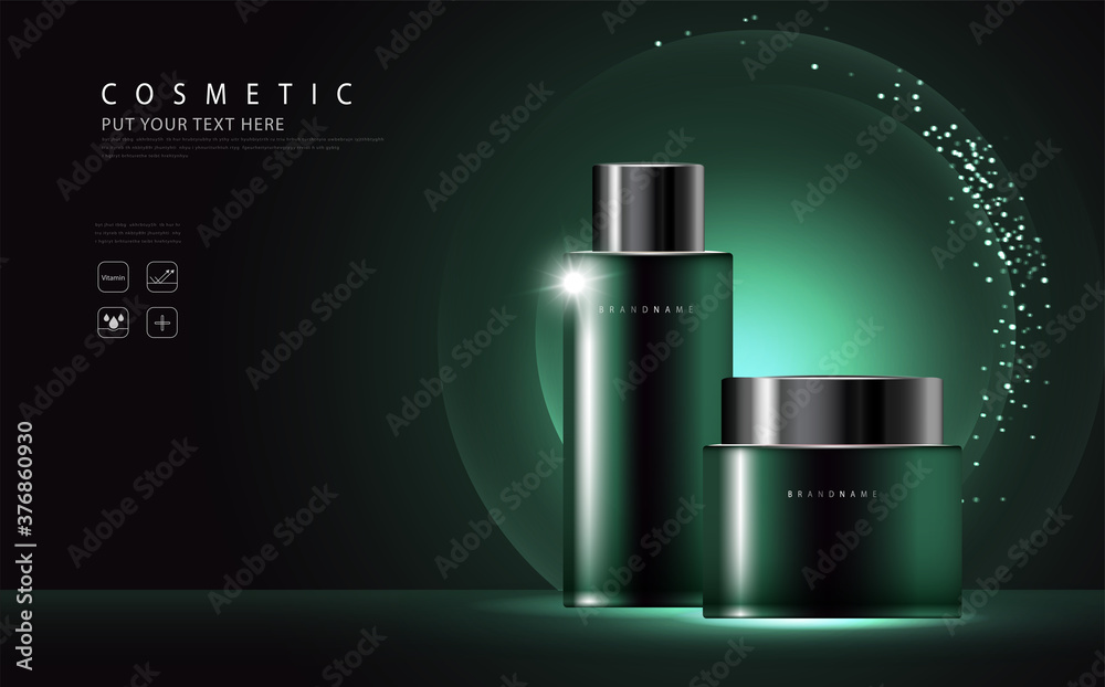 cosmetic product poster, bottle package design with collagen and moisturizer cream or liquid, sparkling background with glitter polka, vector design.