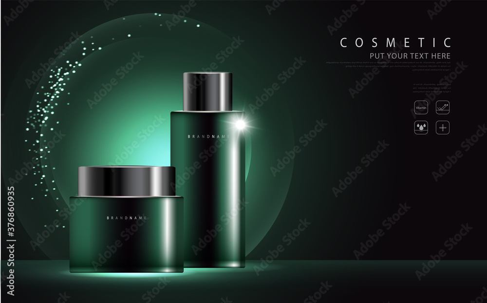 cosmetic product poster, bottle package design with collagen and moisturizer cream or liquid, sparkling background with glitter polka, vector design.