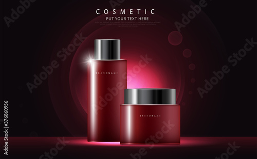 cosmetic product poster, bottle package design with collagen and moisturizer cream or liquid, sparkling background with glitter polka, vector design.