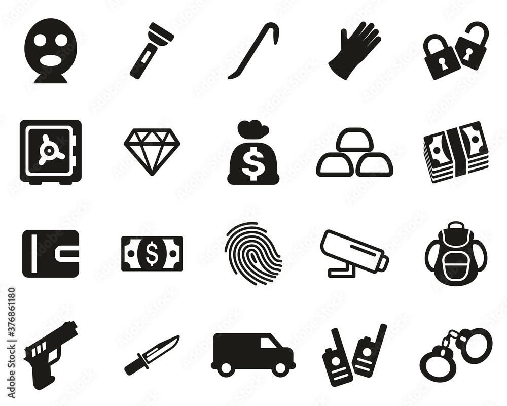 Thief Or Burglar Icons Black & White Set Big Thief Or Burglar Icons Black & White Set Big