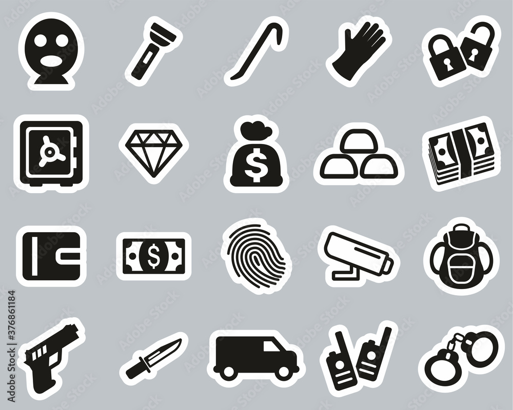 Thief Or Burglar Icons Black & White Sticker Set Big Thief Or Burglar Icons Black & White Sticker Set Big