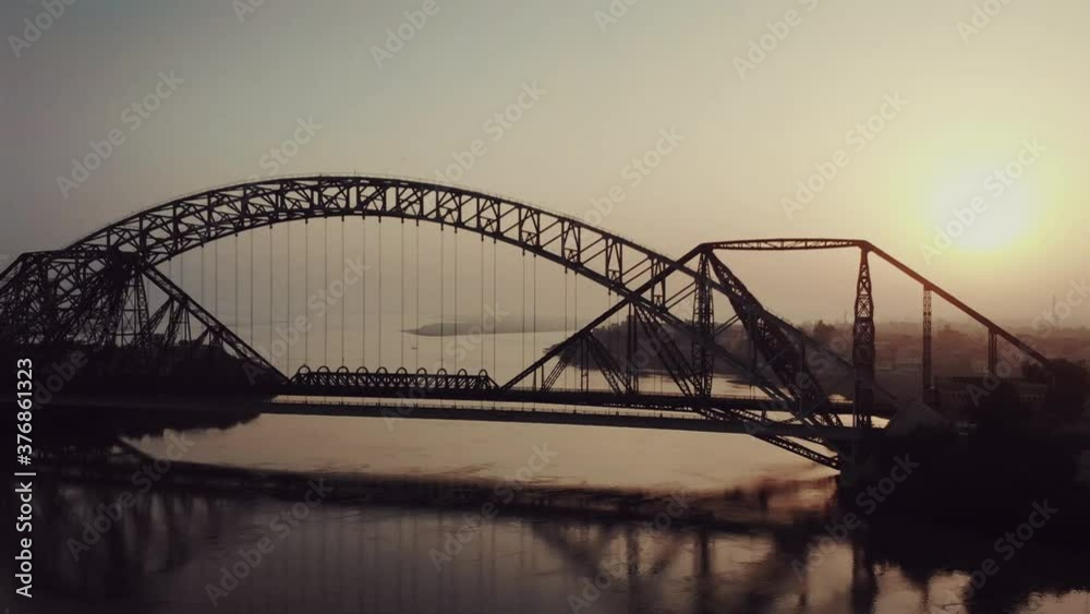 View Of Lansdowne And Ayub Bridge Over Indus River During Evening Light. Aerial Follow Shot Left View Of Lansdowne And Ayub Bridge Over Indus River During Evening Light. Aerial Follow Shot Left