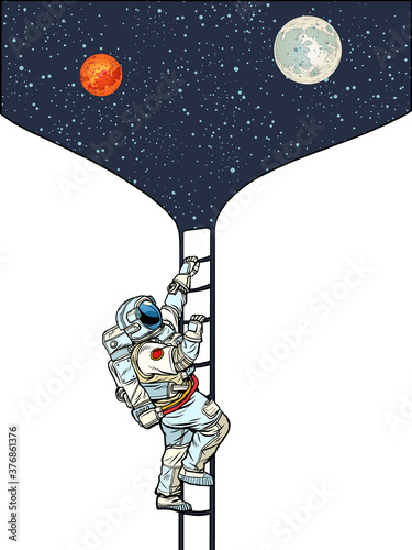 Astronaut climbs the stairs to the moon and Mars