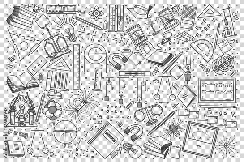 Physics doodle set. Collection of hand drawn sketches templates drawing patterns of physical laws formulae and euipment tools for tests. Back to school and education illustration.