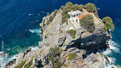 Fotografie, Obraz Aerial drone photo of picturesque chapel of Saint John built in famous cliff whe