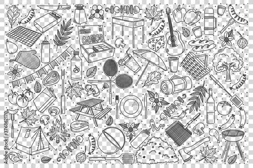 Picnic doodle set. Collection of hand drawn patterns sketches templates of hiking touristic equipment for bbq camping in forest or mountains. Active lifestyle and outdoor recreation illustration.