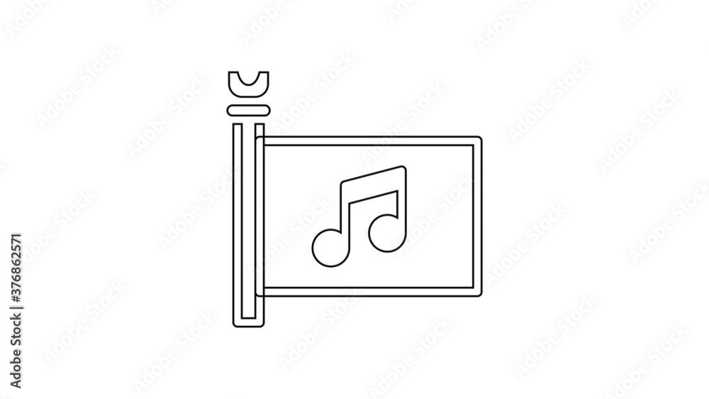 Black line Music festival, access, flag, music note icon isolated on white background. 4K Video motion graphic animation. Black line Music festival, access, flag, music note icon isolated on white background. 4K Video motion graphic animation.