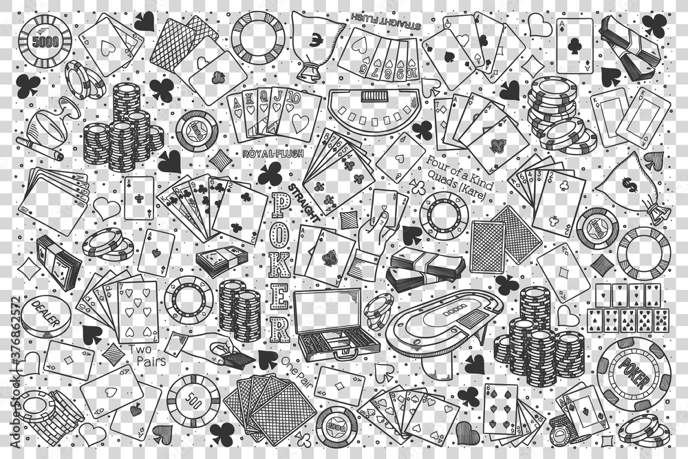 Poker doodle set. Collection of hand drawn sketches templates of casino club gambling poker cards on transparent background. Game addiction and wasting money illustration.
