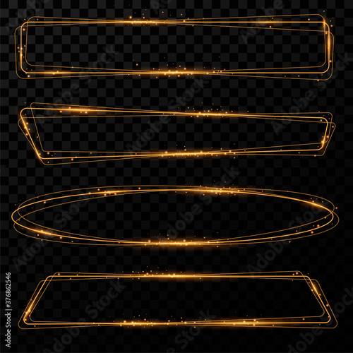 Gold shining frames. Set of banners with lights effects