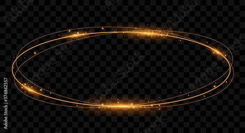 Golden sparkling frame with rotating ellipses. Isolated ovals with lights effects