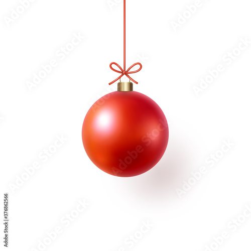 Christmas tree ball with bow isolated on white background. Vector red glass xmas bauble element design