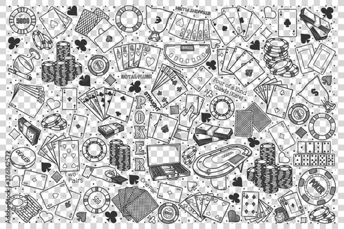 Poker doodle set. Collection of hand drawn sketches templates of casino club gambling poker cards on transparent background. Game addiction and wasting money illustration.