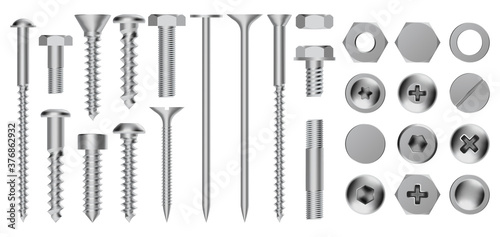 Realistic metal screws. Construction steel screw, hex cap nuts, rivets and bolts, drywall metal fastening vector illustration icons set. Hardware objects for fixing, repairing and construction