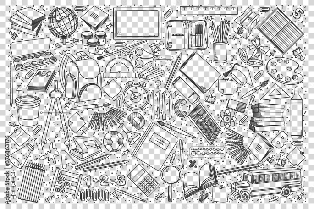 School doodle set. Collection of hand drawn sketches patterns templates of classroom equipment books blackboards desks on transparent background. Back to college unversity and education illustration.
