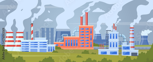Factory air pollution. Industrial smog pollution, polluted urban landscape, chimney pipe factory toxic smoke clouds vector illustration. Plant manufacturing, building facade cartoon