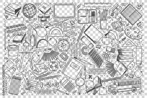 School doodle set. Collection of hand drawn sketches patterns templates of classroom equipment books blackboards desks on transparent background. Back to college unversity and education illustration.