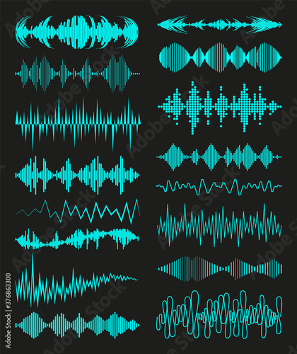 Big collection with music waves logo and audio symbols on black background. Modern sound equalizer elements set. Vector digital waveform technology template