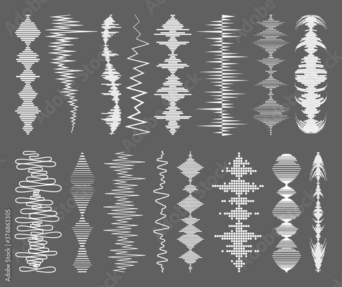 White sound waves collection with audio symbols on gray background. Modern music equalizer elements set. Vector flat isolated waveform technology illustration