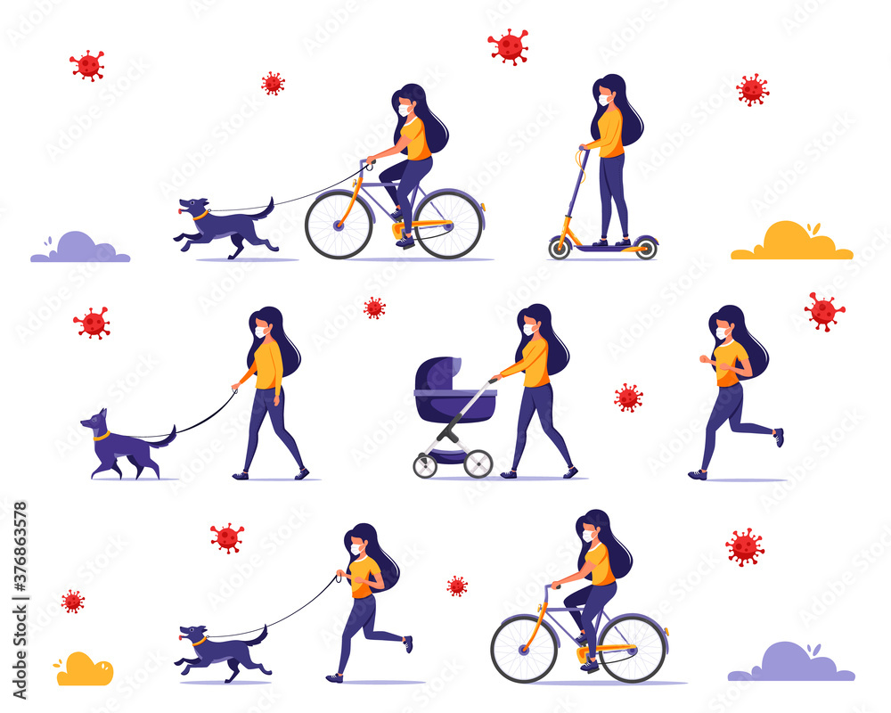 Woman doing outdoor activities during pandemic: walk with dog, child, riding bicycle, jogging. Woman in face mask. Woman doing outdoor activities during pandemic: walk with dog, child, riding bicycle, jogging. Woman in face mask.