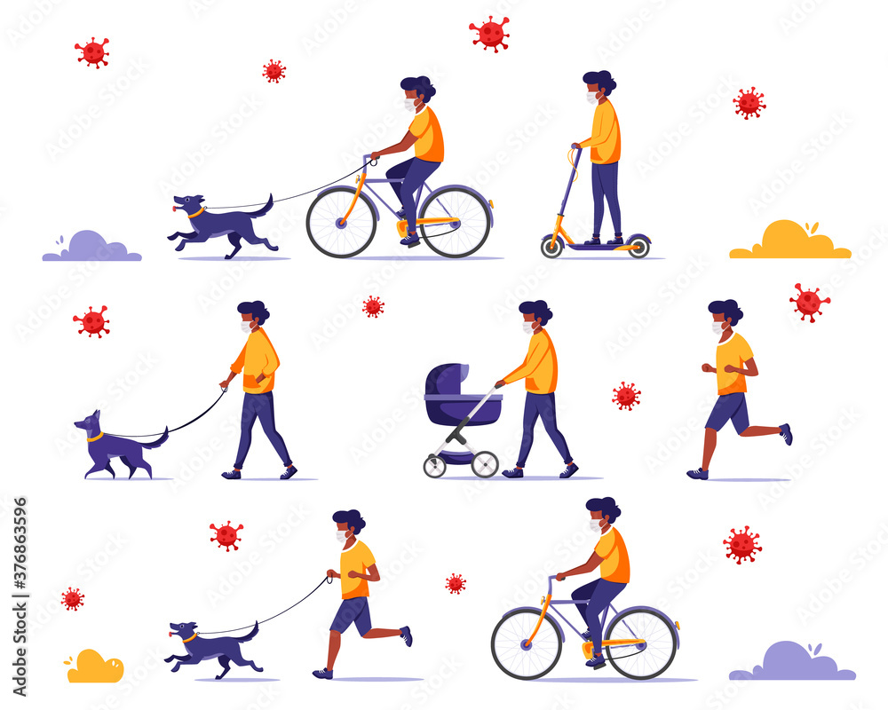 Black man doing outdoor activities during pandemic: walk with dog, child, riding bicycle, jogging. Black man in face mask. Quarantine concept. Black man doing outdoor activities during pandemic: walk with dog, child, riding bicycle, jogging. Black man in face mask. Quarantine concept.