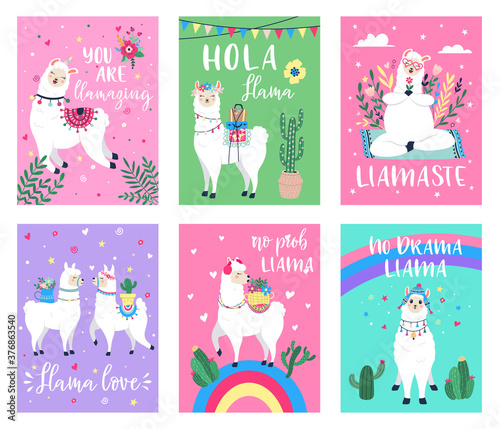 Llama cute poster. Alpaca greeting cards with inspiration quotes, hand drawn ethnic colorful peruvian llamas posters vector illustration set. Animal characters with cactus plants in pots, baggage