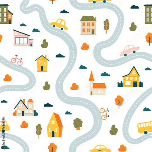 Town map pattern. Seamless cute urban landscape map, minimalist houses, trees and cars, simple hand drawn streets vector background illustration. Roads with vehicles as bicycle, bus