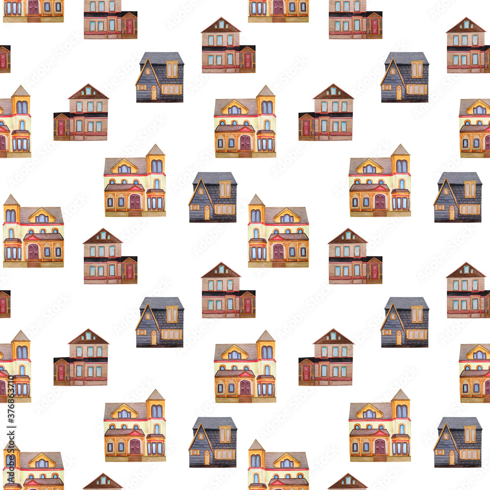 Hand drawn watercolor pattern with houses in autumn colors on a white background. Seamless print with cozy houses.
