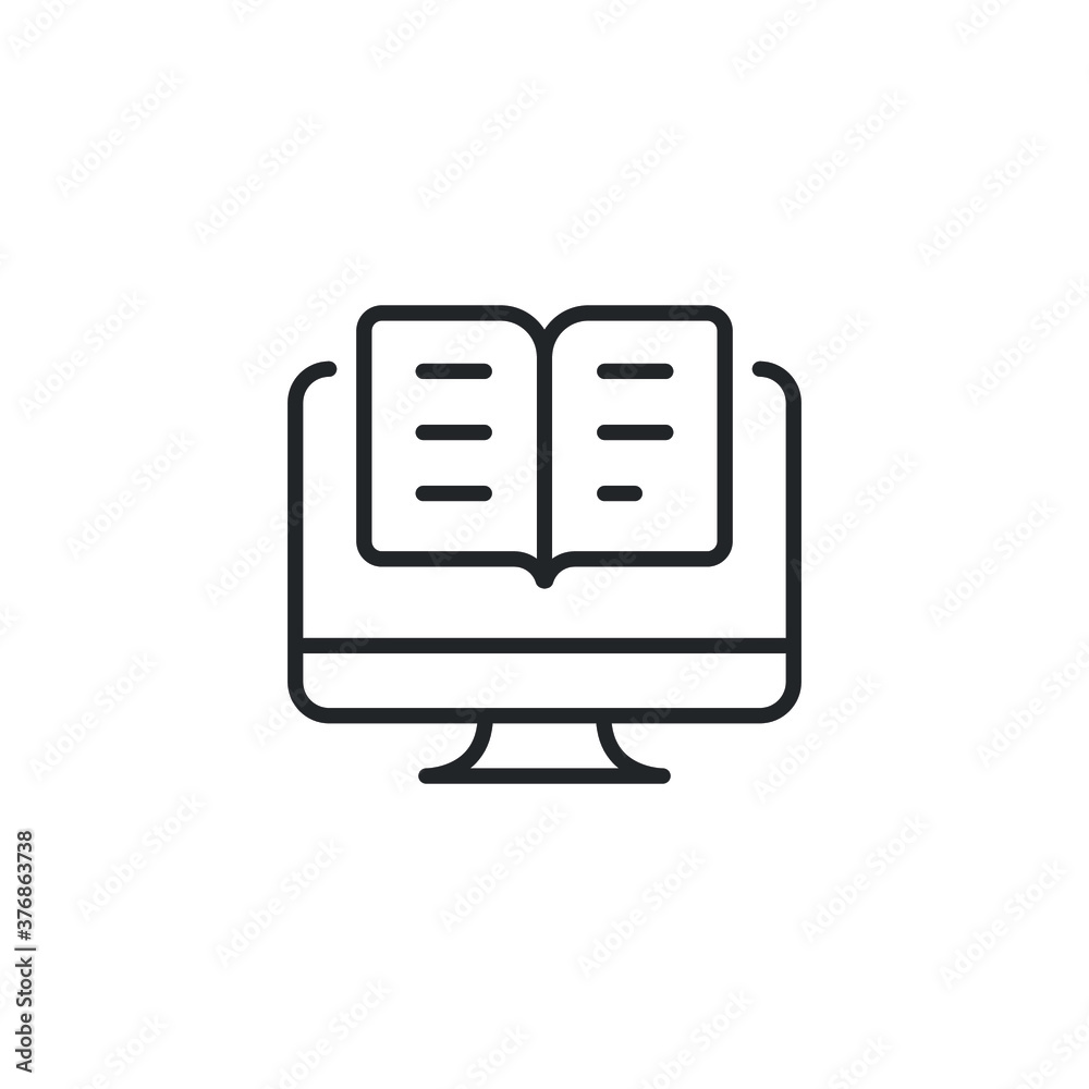 Digital book app, ebook in monitor screen for online learning media technology. Electronic paper for training and teaching. Read Literature. Line Vector illustration. Design on white background EPS 10 Digital book app, ebook in monitor screen for online learning media technology. Electronic paper for training and teaching. Read Literature. Line Vector illustration. Design on white background EPS 10