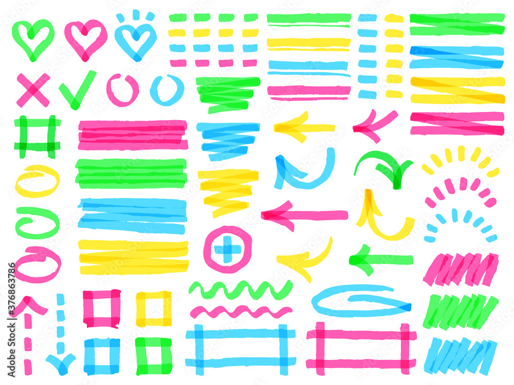 Highlight markers. Colorful marker strokes, yellow highlights arrows