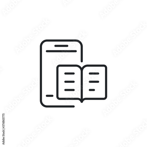 Digital book app, ebook in mobile phone screen for online learning media technology. Electronic paper literature for distance education. Line Vector illustration. Design on white background. EPS 10