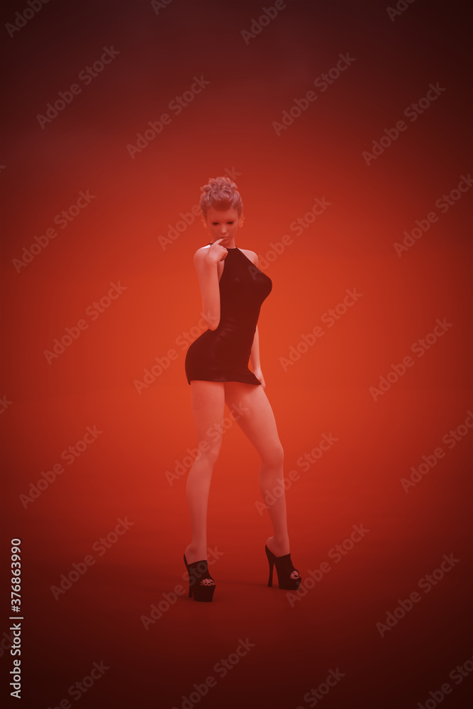 Woman in Small Black Dress Red Orange Background 3d Illustration