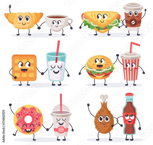 Cartoon food characters. Junk food mascots, sandwich with coffee and donut, street food and beverages cute characters vector illustration set. Burger, fried chicken, waffle and shake with faces