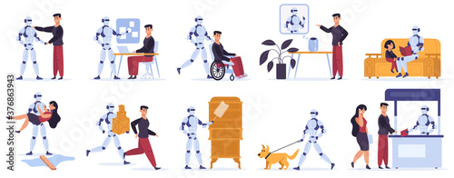 Robot helps human. Artificial intelligent personal assistant, robotic devices helps human owner, serving assisting vector illustration icons set. Doing household chores, walking with dog