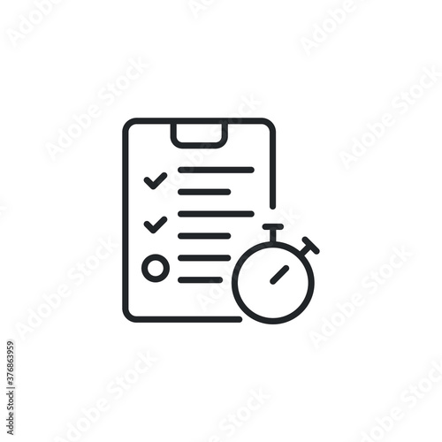 Assignment exam homework, quiz, task, test icon. Work Contract with deadline timer. Document project management. Office note and stopwatch. Line Vector illustration. Design on white background. EPS 10 © Suncheli