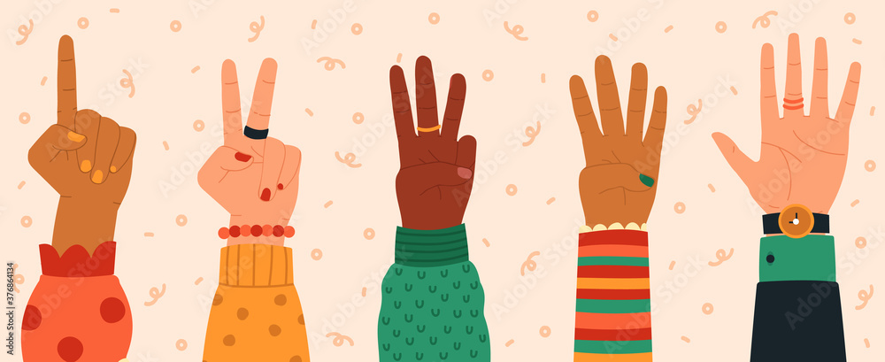 Counting hands. Hand gestures, modern hand drawn finger count from one to five, numbers shown by hands, trendy vector illustration icons set. Diverse people counting down, giving message Counting hands. Hand gestures, modern hand drawn finger count from one to five, numbers shown by hands, trendy vector illustration icons set. Diverse people counting down, giving message