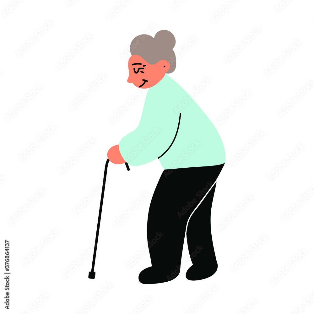 Fototapeta premium Old lady with walking stick. Illustration on white background. 
