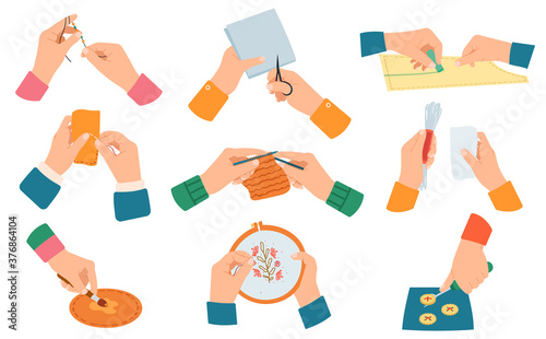 Creative handcraft. Workshop, needlework and knitting handmade process, human hands do hand craft isolated vector illustration set. Hands stringing beads, cutting paper with scissors, embroidering