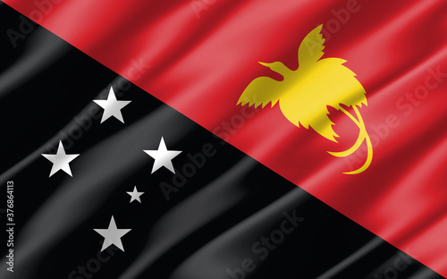 Silk wavy flag of Papua New Guinea graphic. Wavy Papuan flag illustration. Rippled Papua New Guinea country flag is a symbol of freedom, patriotism and independence.