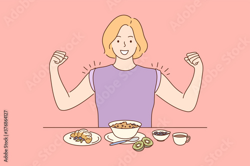 Health, care, food, diet, success, victory concept