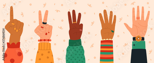 Counting hands. Hand gestures, modern hand drawn finger count from one to five, numbers shown by hands, trendy vector illustration icons set. Diverse people counting down, giving message