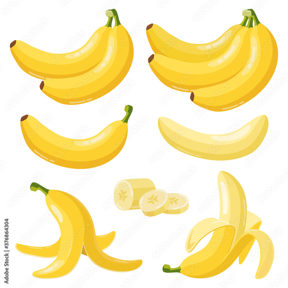 Cartoon bananas. Tropical yellow fruit, peeled banana and bunch of ripe bananas, vegetarian fresh fruits isolated vector illustration icons set. Vegan, healthy food. Natural product slices
