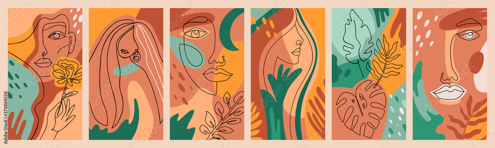 Female abstract posters. Contemporary outline girls faces, trendy floral hand drawn woman portraits, social media posters vector illustration set. One line person and plant drawing, beauty concept Female abstract posters. Contemporary outline girls faces, trendy floral hand drawn woman portraits, social media posters vector illustration set. One line person and plant drawing, beauty concept