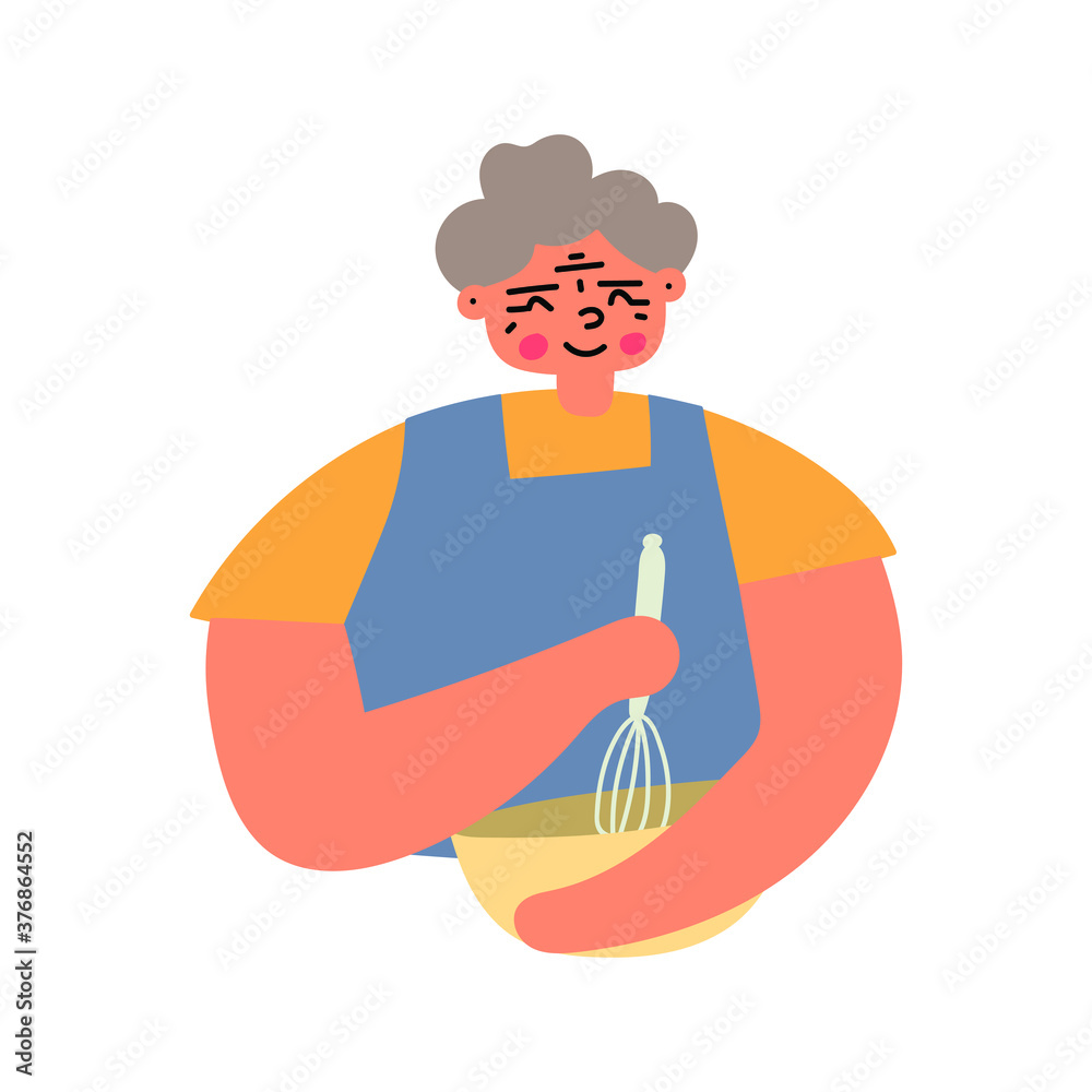 Grandmother cooking. Hand drawn vector illustration on white background. 