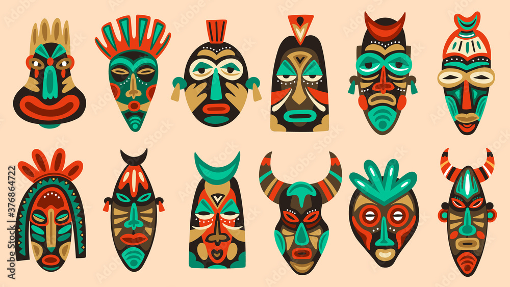 Traditional tribal masks. Ritual african or hawaiian traditional ceremonial totem, ethnic antique wooden face masks vector illustration set shaped after human face with colorful ornaments Traditional tribal masks. Ritual african or hawaiian traditional ceremonial totem, ethnic antique wooden face masks vector illustration set shaped after human face with colorful ornaments